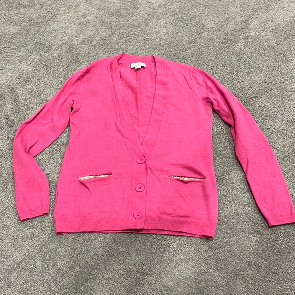 LOFT pink cardigan, gold sequin pockets sz M